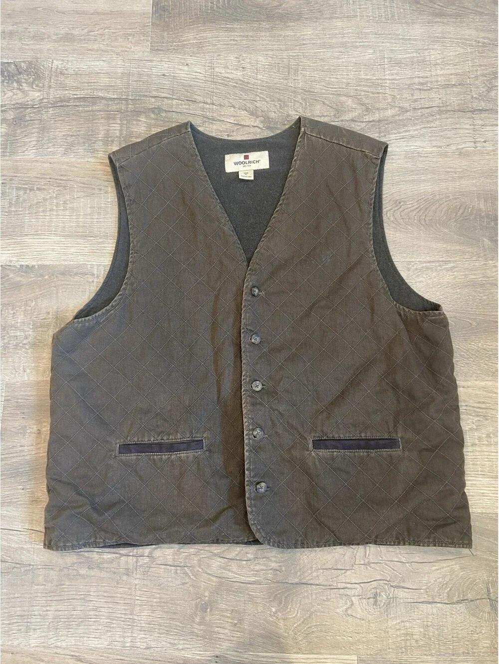 VTG Woolrich Men's XL Saddle Quilted Vest Brown Button Front Fleece Lined Cotton